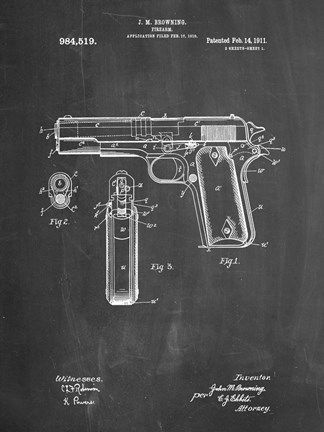 Framed Chalkboard Colt 1911 Semi-Automatic Pistol Patent Print