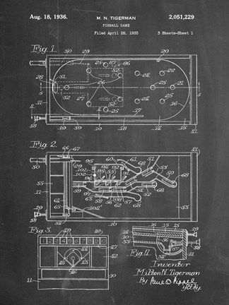Framed Chalkboard Pin Ball Machine Patent Print