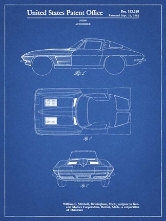 Framed Blueprint 1962 Corvette Stingray Patent Print
