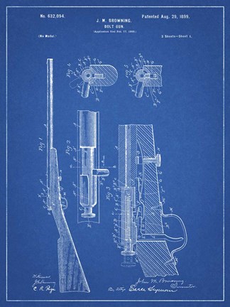 Framed Blueprint Browning Bolt Action Gun Patent Print
