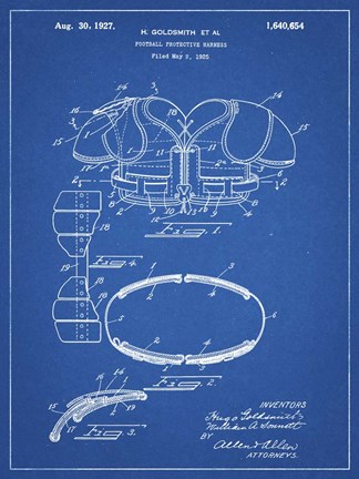 Framed Blueprint Football Shoulder Pads 1925 Patent Print