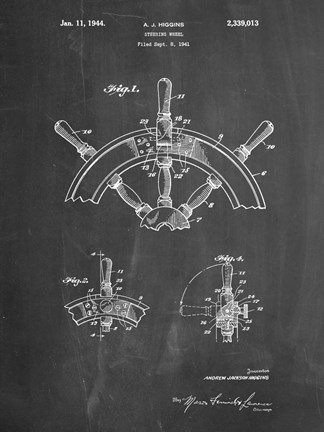 Framed Chalkboard Ship Steering Wheel Patent Print