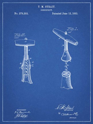 Framed Blueprint Corkscrew 1883 Patent Print