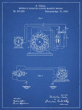 Framed Blueprint Tesla Operating Electric Motors Map Patent Print