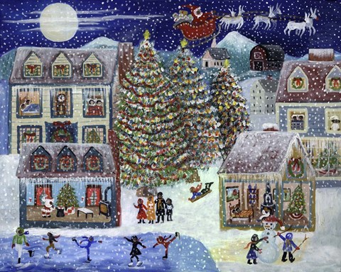 Framed Santa Christmas Village Print