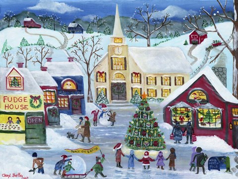 Framed Christmas Holiday Shopping Village Print