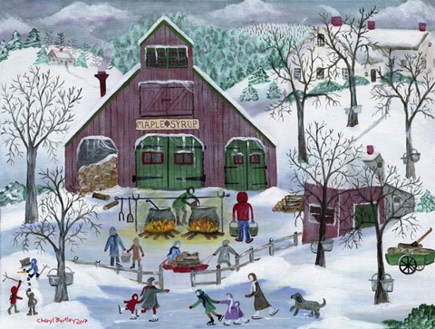 Framed Snowy Maple Syrup Makers and Ice Skaters Print