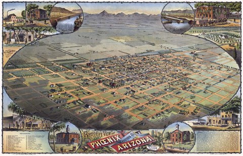 Framed Illustrated Map Of Phoenix With Legend 1885 Print