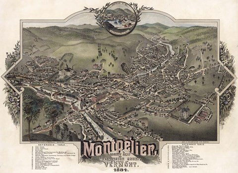 Framed Map Of Montpelier Vt With Reference Table 1884 Print
