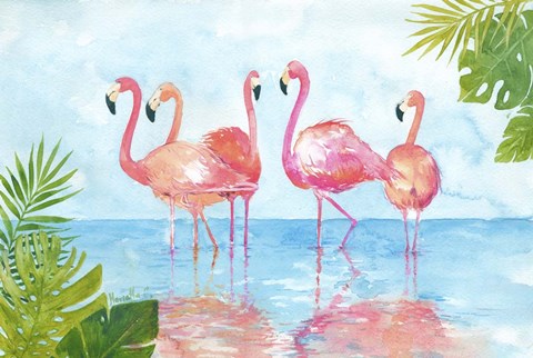 Framed Flamingos And Leaves Print