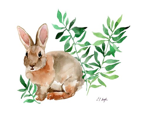 Framed Brown Bunny with Green leaves Print
