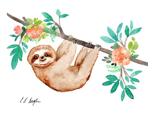 Framed Little Brown Sloth with Flowers Print