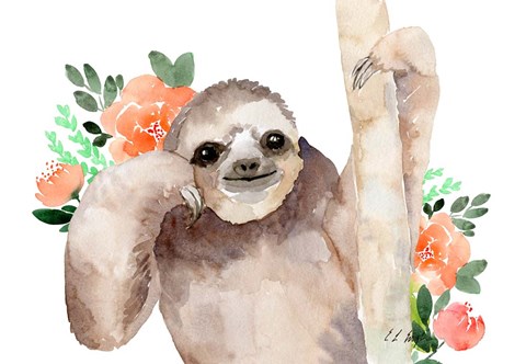 Framed Big Brown Sloth - Peach Flowers Print