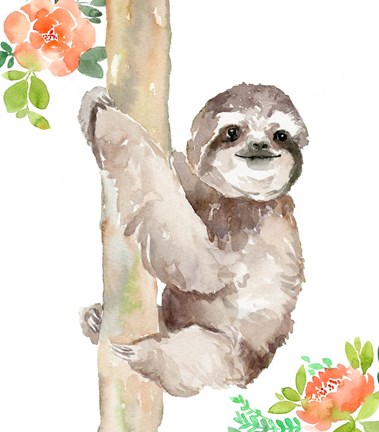 Framed Tropical Sloth with Peach Flowers Print
