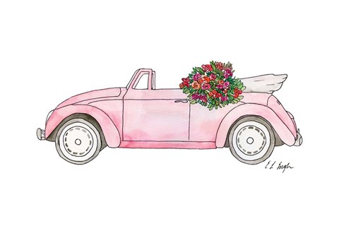 Framed Pink Car with Roses Print