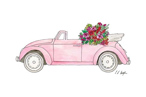 Framed Pink Car with Tropical Flowers Print