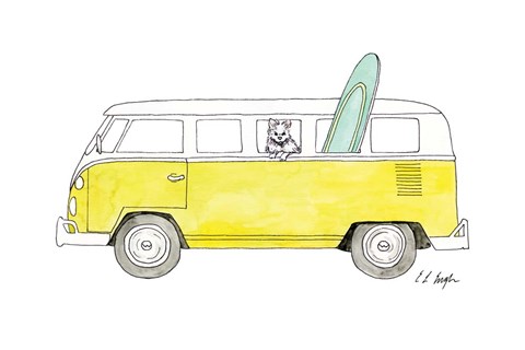 Framed Yellow Van with Green Surf Board Print