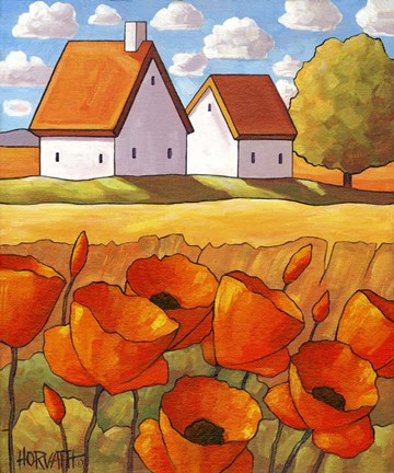 Framed Red Flower Fields Landscape Print