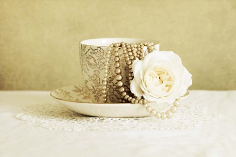 Framed Antique Cup and Saucer with White Flower and Pearls Print