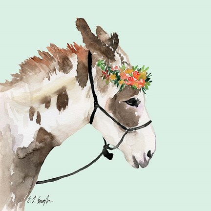 Framed Pony with Floral Crown - Mint Background Print