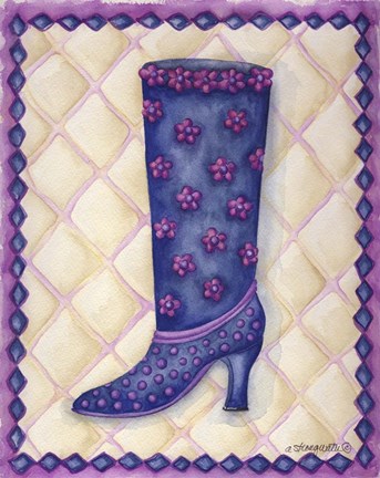 Framed Boots Blue With Pink Flowers Dots Print