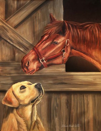 Framed Labrador Retriever And Horse Barn Print