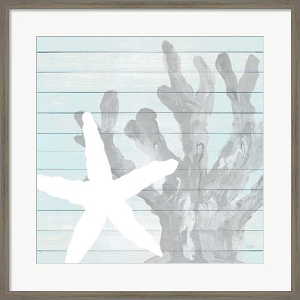 Framed Starfish on Blue Wood Print