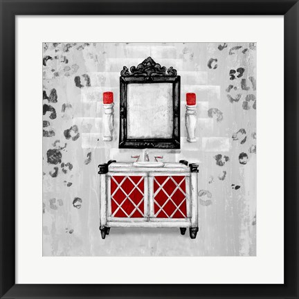 Framed Red Antique Mirrored Bath Square I Print