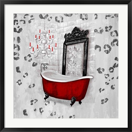 Framed Red Antique Mirrored Bath Square II Print