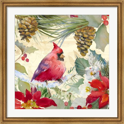 Framed Cardinal and Pinecones I Print