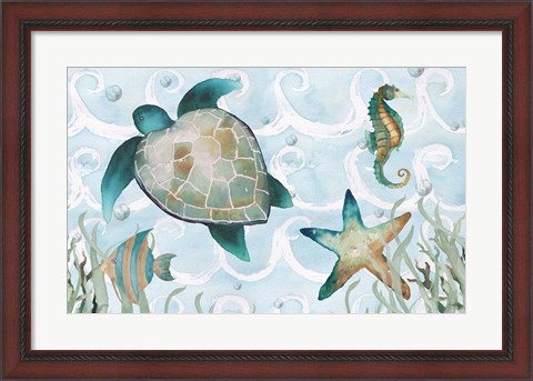Framed Watercolor Sea Creatures Panel (blue) Print