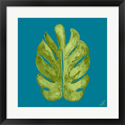 Framed Leaf On Teal I Print