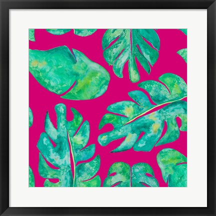 Framed Aqua Leaves On Pink Print