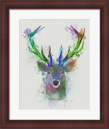 Framed Deer Head 1 Rainbow Splash Blue and Green Print