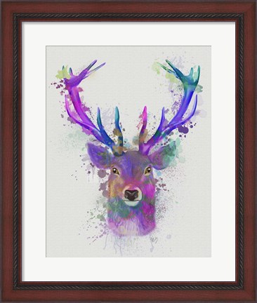 Framed Deer Head 1 Rainbow Splash Pink and Purple Print