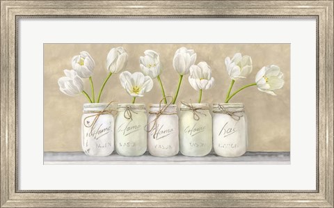 Framed White Tulips in Mason Jars Print