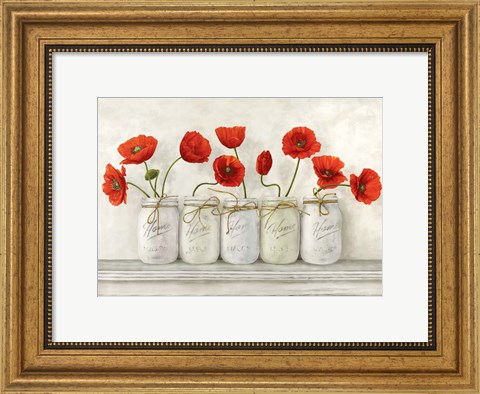 Framed Red Poppies in Mason Jars Print