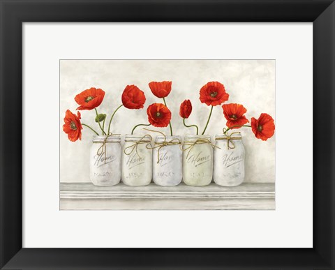 Framed Red Poppies in Mason Jars Print