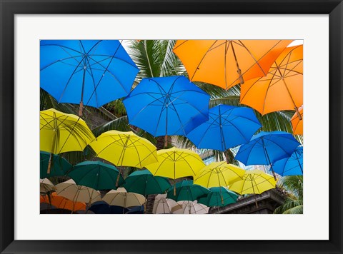 Framed Mauritius, Port Louis, Caudan Waterfront Area With Colorful Umbrella Covering Print