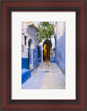 Framed Morocco, Chaouen Narrow Street Lined With Blue Buildings Print