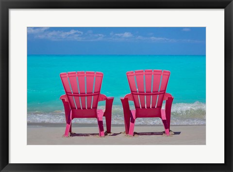 Framed Bahamas, Little Exuma Island Pink Chairs On Beach Print