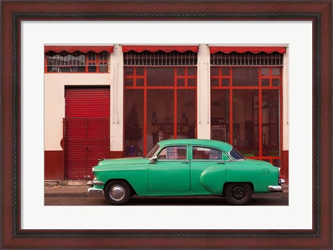 Framed Cuba, Havana Green Car, Red Building On The Streets Print