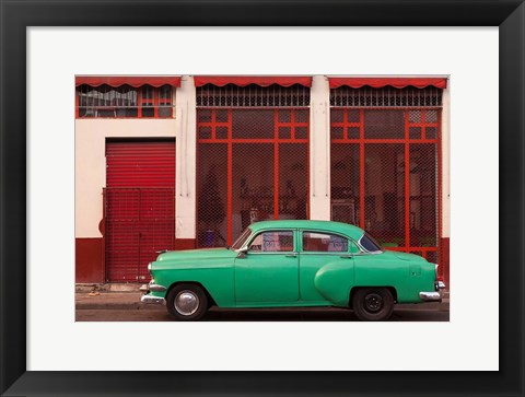 Framed Cuba, Havana Green Car, Red Building On The Streets Print