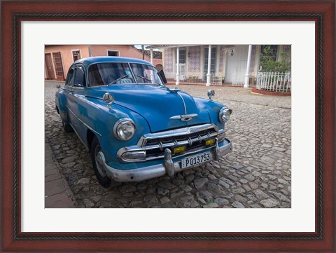 Framed Cuba, Trinidad Blue Taxi Parked On Cobblestones Print
