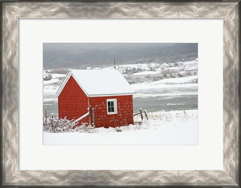 Framed North America, Canada, Nova Scotia, Cape Breton, Cabot Trail, Red Shed In Winter Print