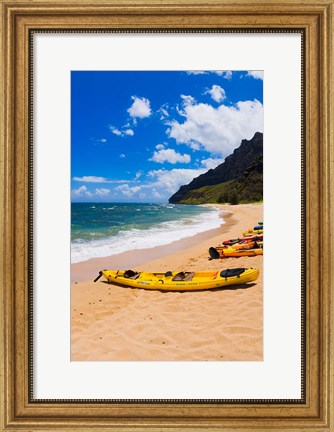 Framed Sea Kayaks On Milolii Beach, Island Of Kauai, Hawaii Print