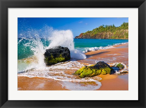 Framed Surf Crashing On Rocks At Secret Beach, Kauai, Hawaii Print