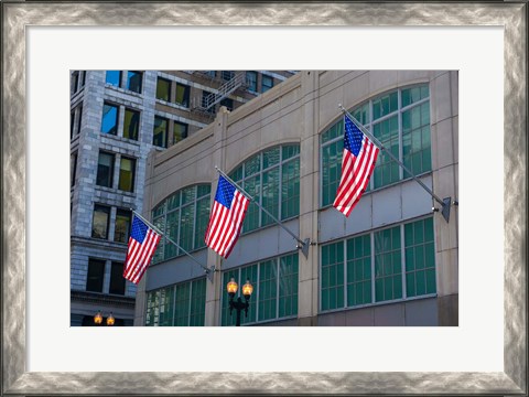 Framed Flags Hanging Outside An Office Building, Chicago, Illinois Print
