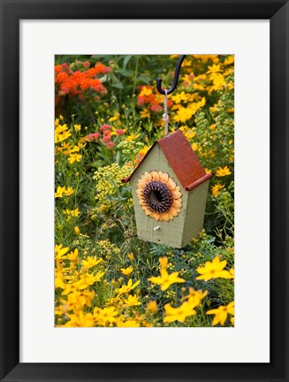 Framed Sunflower Birdhouse In Garden Print