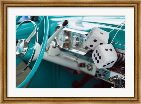 Framed 1950&#39;s Fuzzy Dice In A Teal Car Print